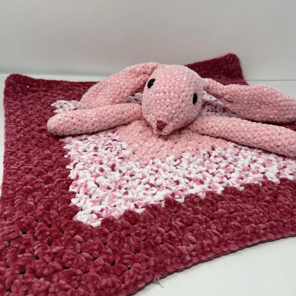 Handmade Crochet Bunny Lovey 20in Pink Security Blanket Plush Soft Toy